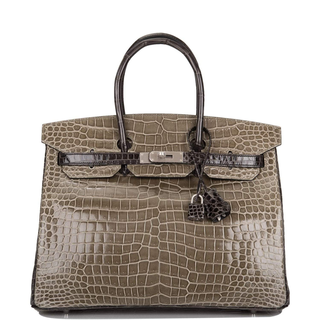 Hermes  Birkin 35cm Bi-Color Gris Tourterelle and Graphite Shiny Porosus Crocodile Brushed Palladium Hardware - Exclusu