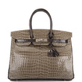 Hermes  Birkin 35cm Bi-Color Gris Tourterelle and Graphite Shiny Porosus Crocodile Brushed Palladium Hardware - Exclusu