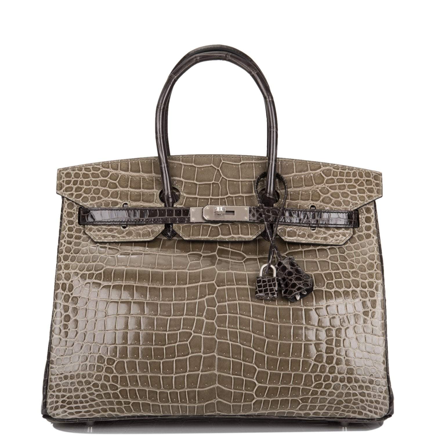 Hermes  Birkin 35cm Bi-Color Gris Tourterelle and Graphite Shiny Porosus Crocodile Brushed Palladium Hardware - Exclusu