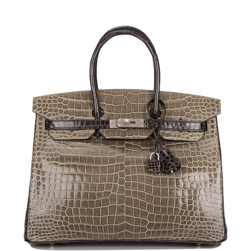 Hermes  Birkin 35cm Bi-Color Gris Tourterelle and Graphite Shiny Porosus Crocodile Brushed Palladium Hardware - Exclusu