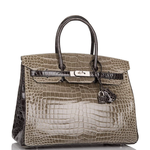 Hermes  Birkin 35cm Bi-Color Gris Tourterelle and Graphite Shiny Porosus Crocodile Brushed Palladium Hardware - Exclusu