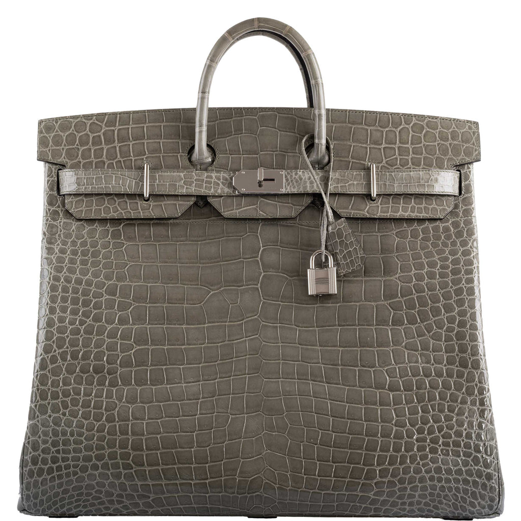 Hermes Birkin 50 HAC Gris Tourterelle Shiny Porosus Crocodile Palladium Hardware - Exclusu