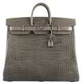 Hermes Birkin 50 HAC Gris Tourterelle Shiny Porosus Crocodile Palladium Hardware - Exclusu