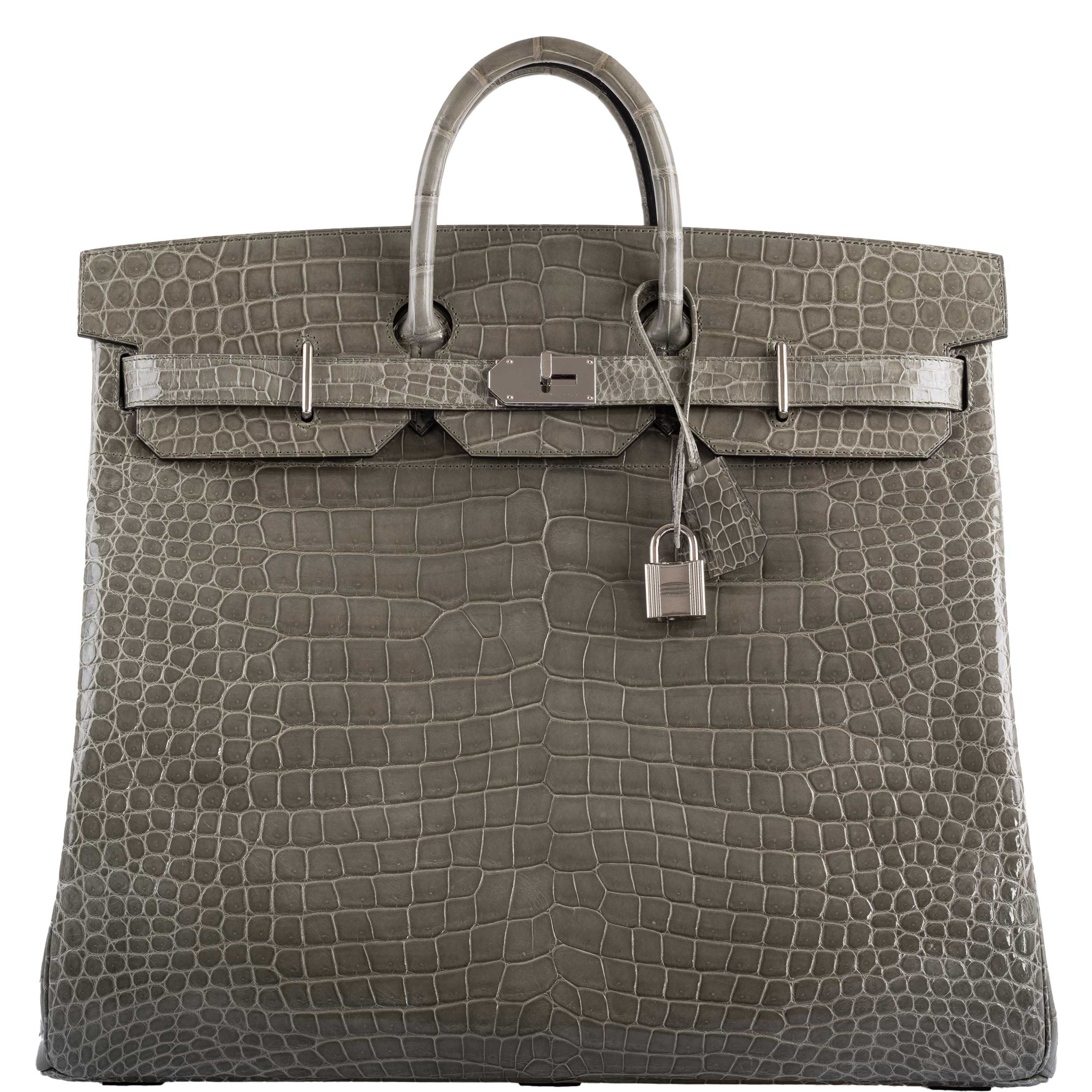 Hermes Birkin 50 HAC Gris Tourterelle Shiny Porosus Crocodile Palladium Hardware - Exclusu