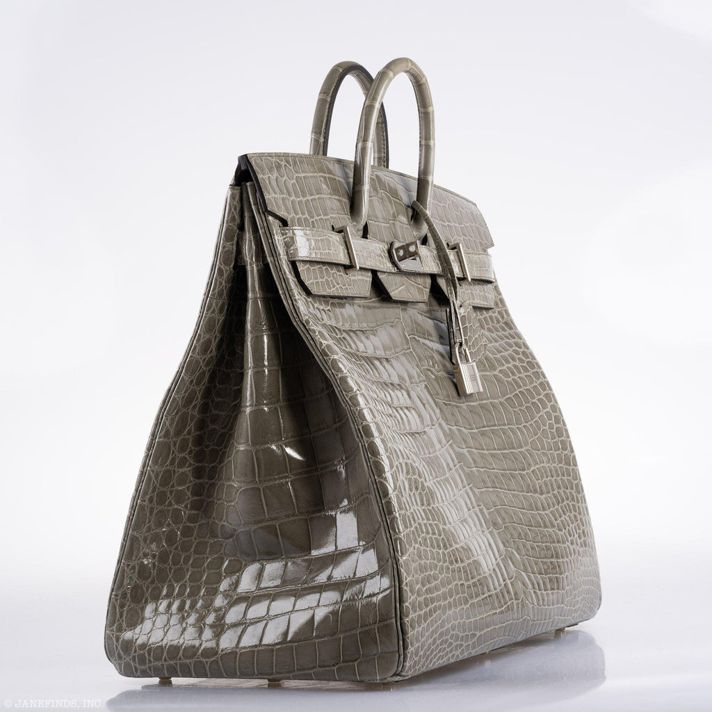 Hermes Birkin 50 HAC Gris Tourterelle Shiny Porosus Crocodile Palladium Hardware - Exclusu