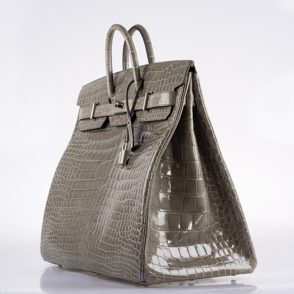 Hermes Birkin 50 HAC Gris Tourterelle Shiny Porosus Crocodile Palladium Hardware - Exclusu