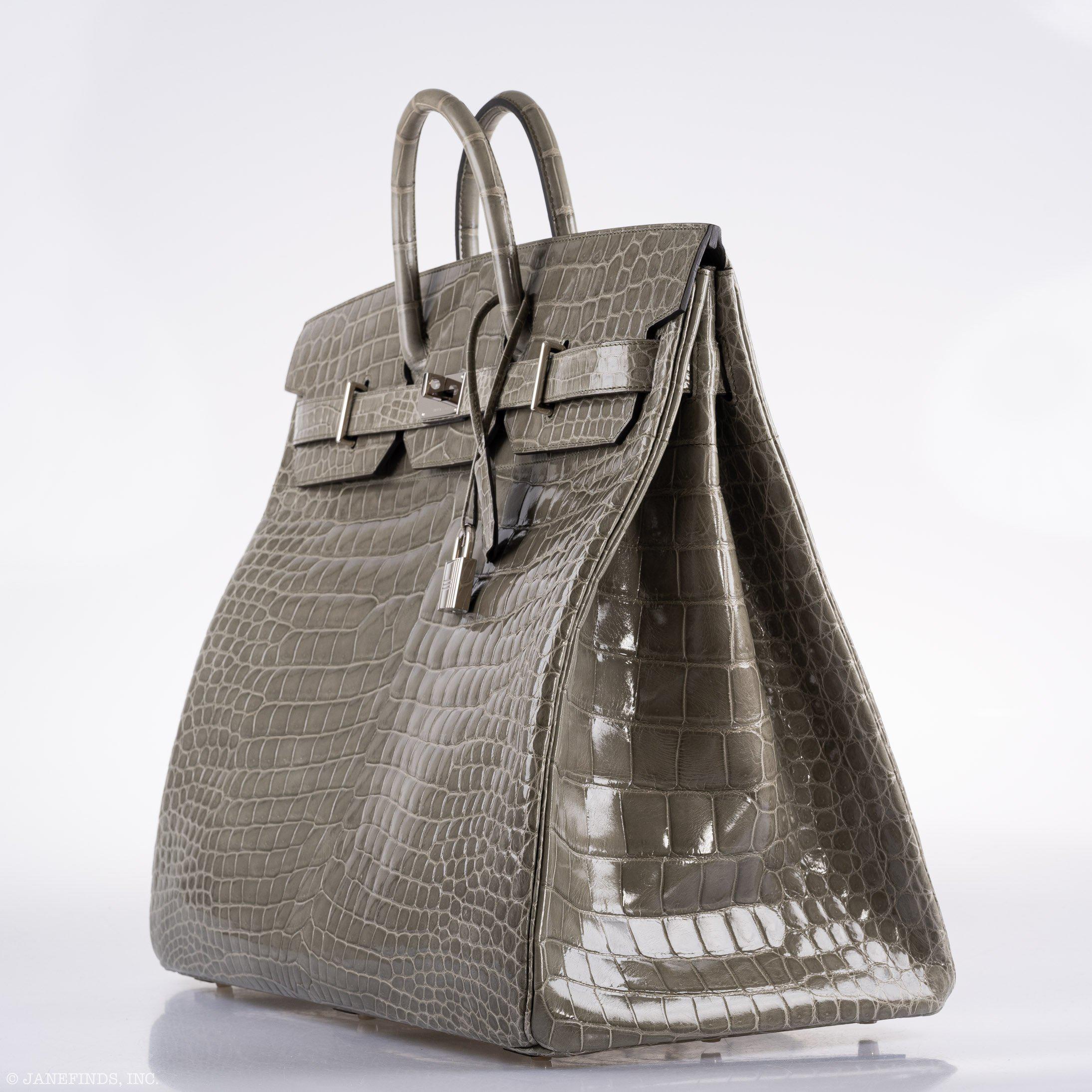 Hermes Birkin 50 HAC Gris Tourterelle Shiny Porosus Crocodile Palladium Hardware - Exclusu