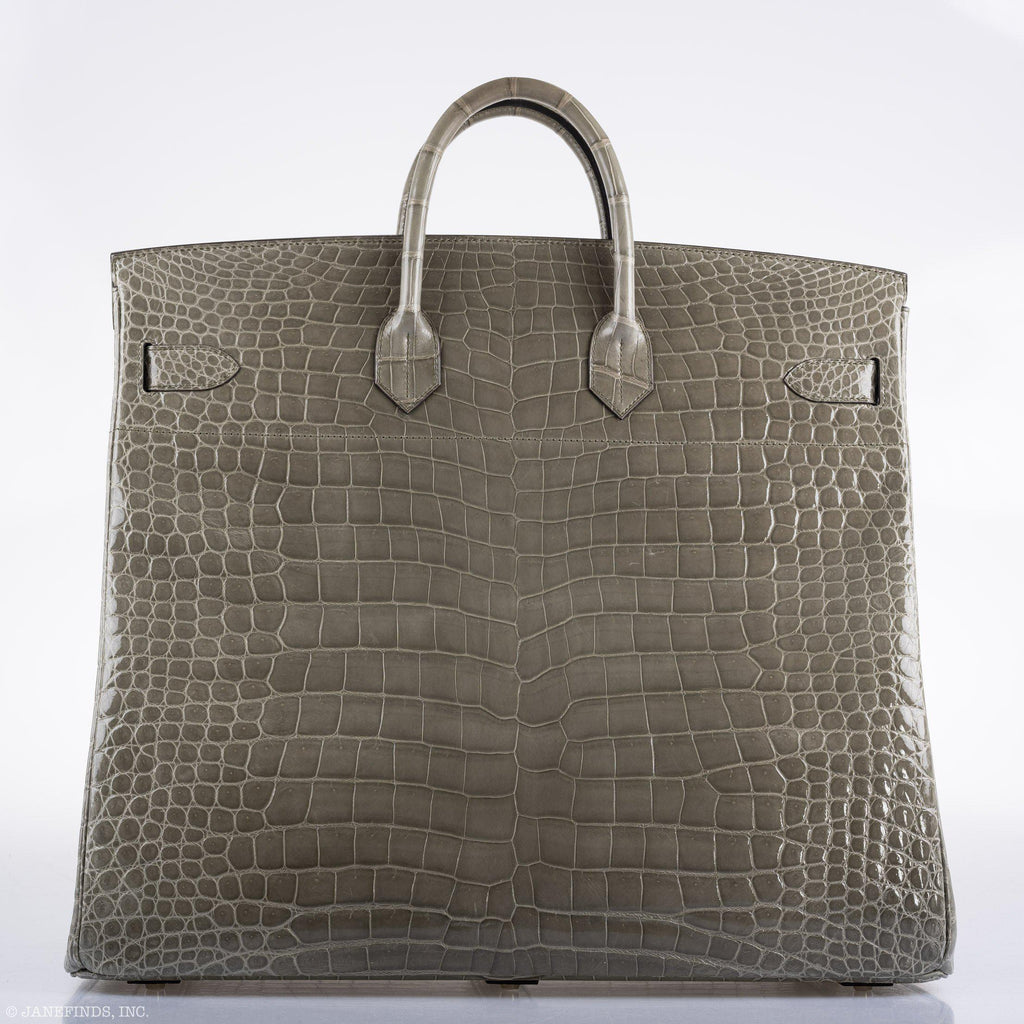 Hermes Birkin 50 HAC Gris Tourterelle Shiny Porosus Crocodile Palladium Hardware - Exclusu