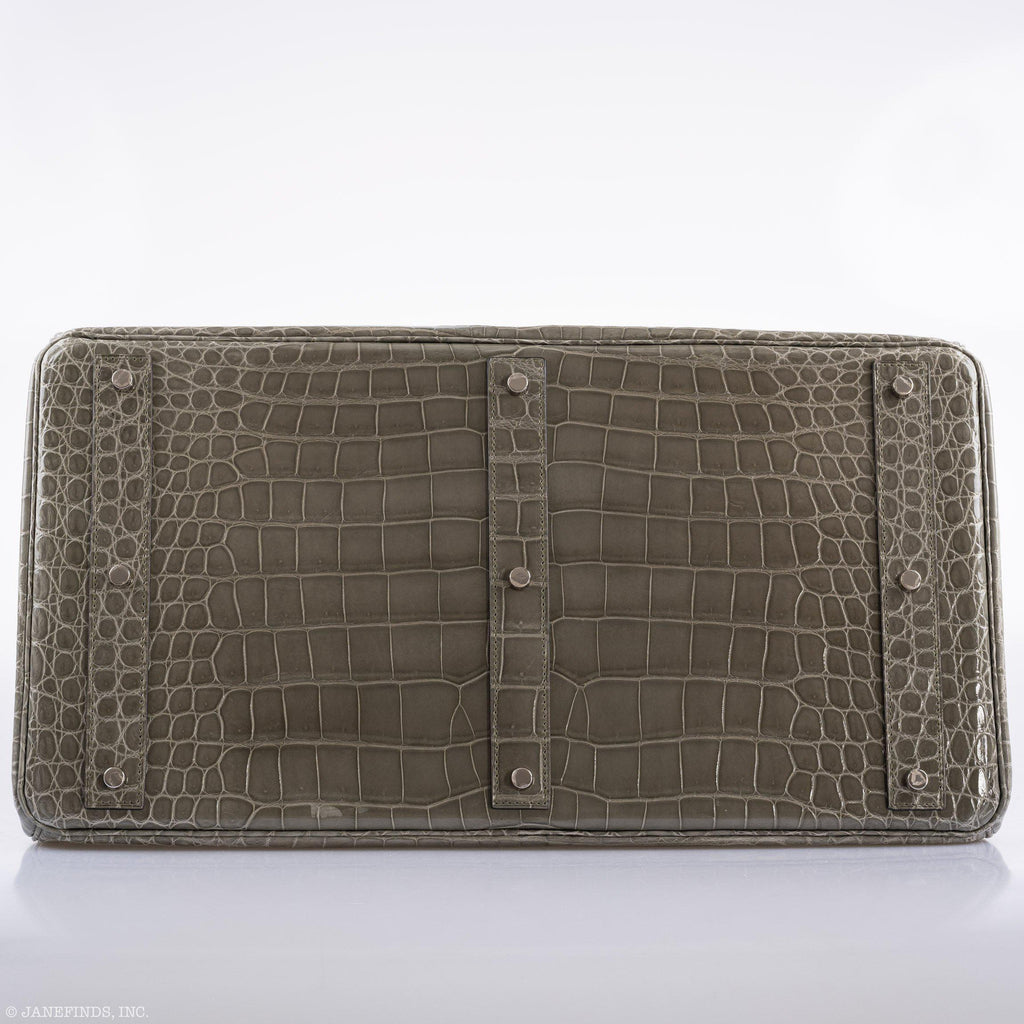 Hermes Birkin 50 HAC Gris Tourterelle Shiny Porosus Crocodile Palladium Hardware - Exclusu