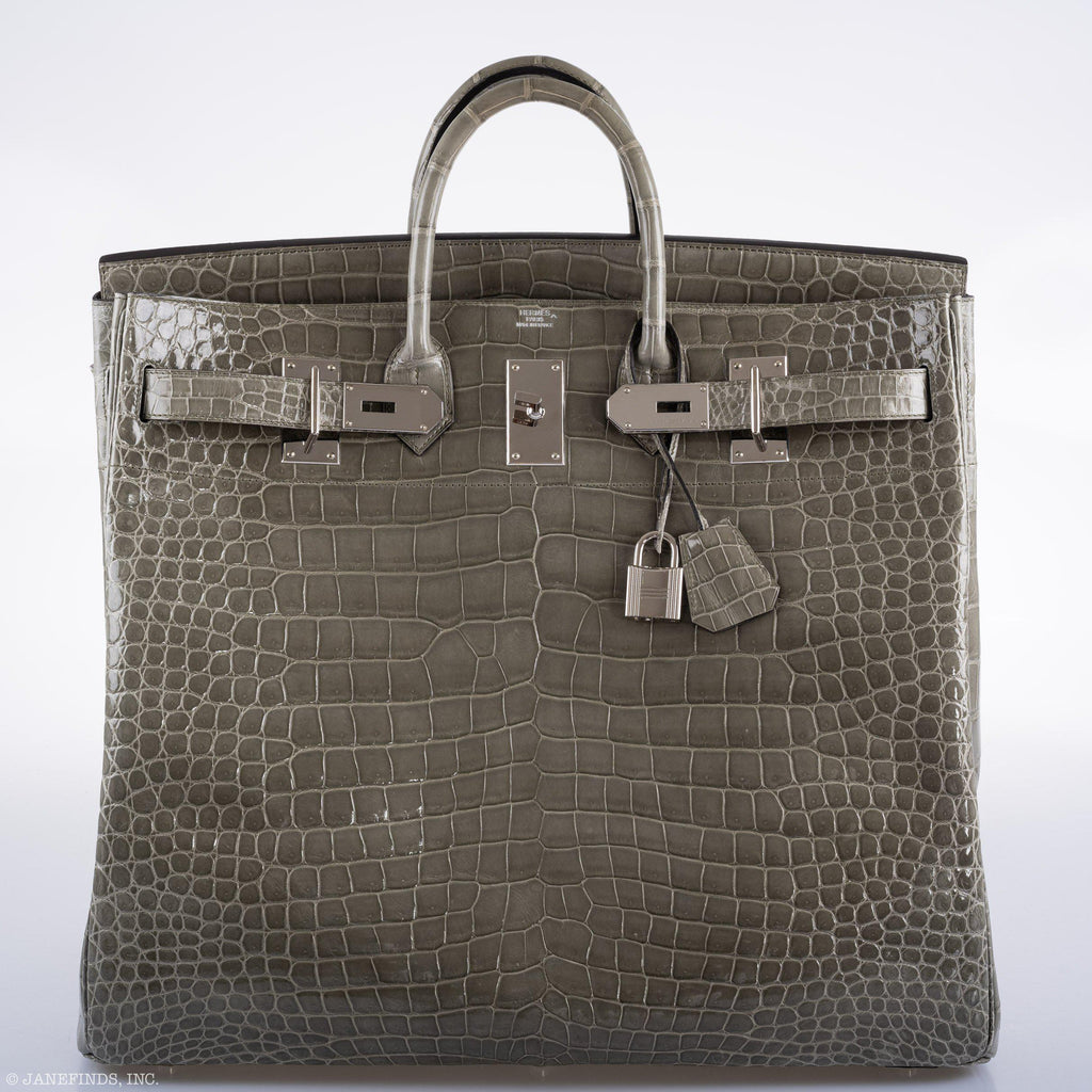 Hermes Birkin 50 HAC Gris Tourterelle Shiny Porosus Crocodile Palladium Hardware - Exclusu