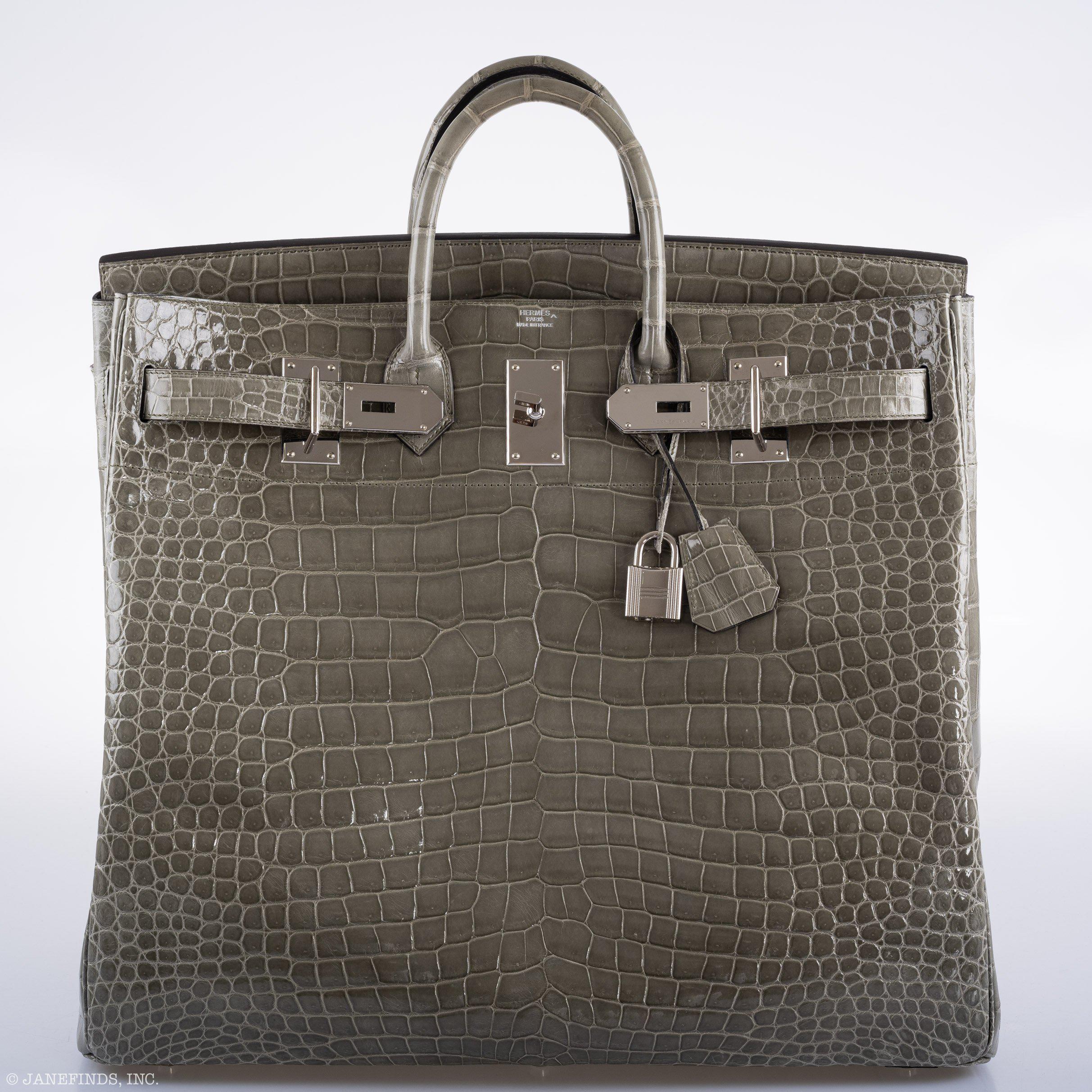 Hermes Birkin 50 HAC Gris Tourterelle Shiny Porosus Crocodile Palladium Hardware - Exclusu
