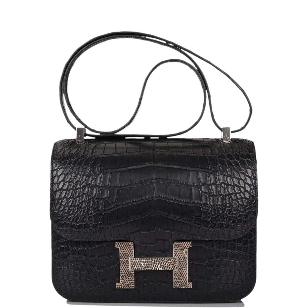 Hermes Black Matte Alligator and Ombre Lizard Marquette Constance 24cm Palladium Hardware - Exclusu