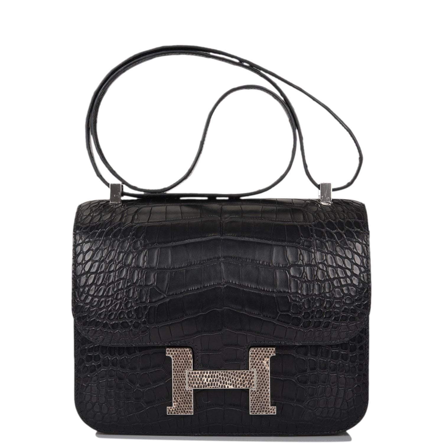 Hermes Black Matte Alligator and Ombre Lizard Marquette Constance 24cm Palladium Hardware - Exclusu