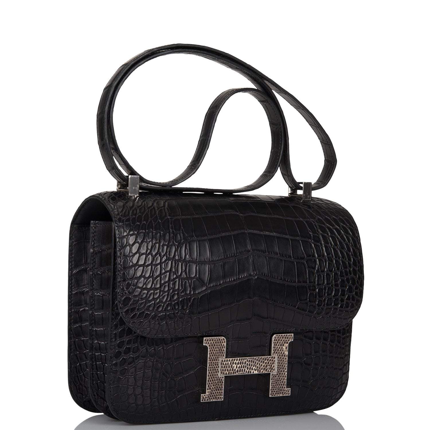 Hermes Black Matte Alligator and Ombre Lizard Marquette Constance 24cm Palladium Hardware - Exclusu