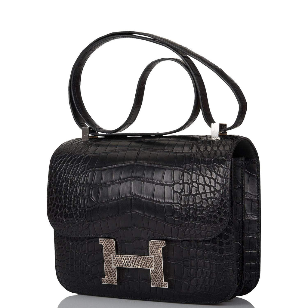Hermes Black Matte Alligator and Ombre Lizard Marquette Constance 24cm Palladium Hardware - Exclusu