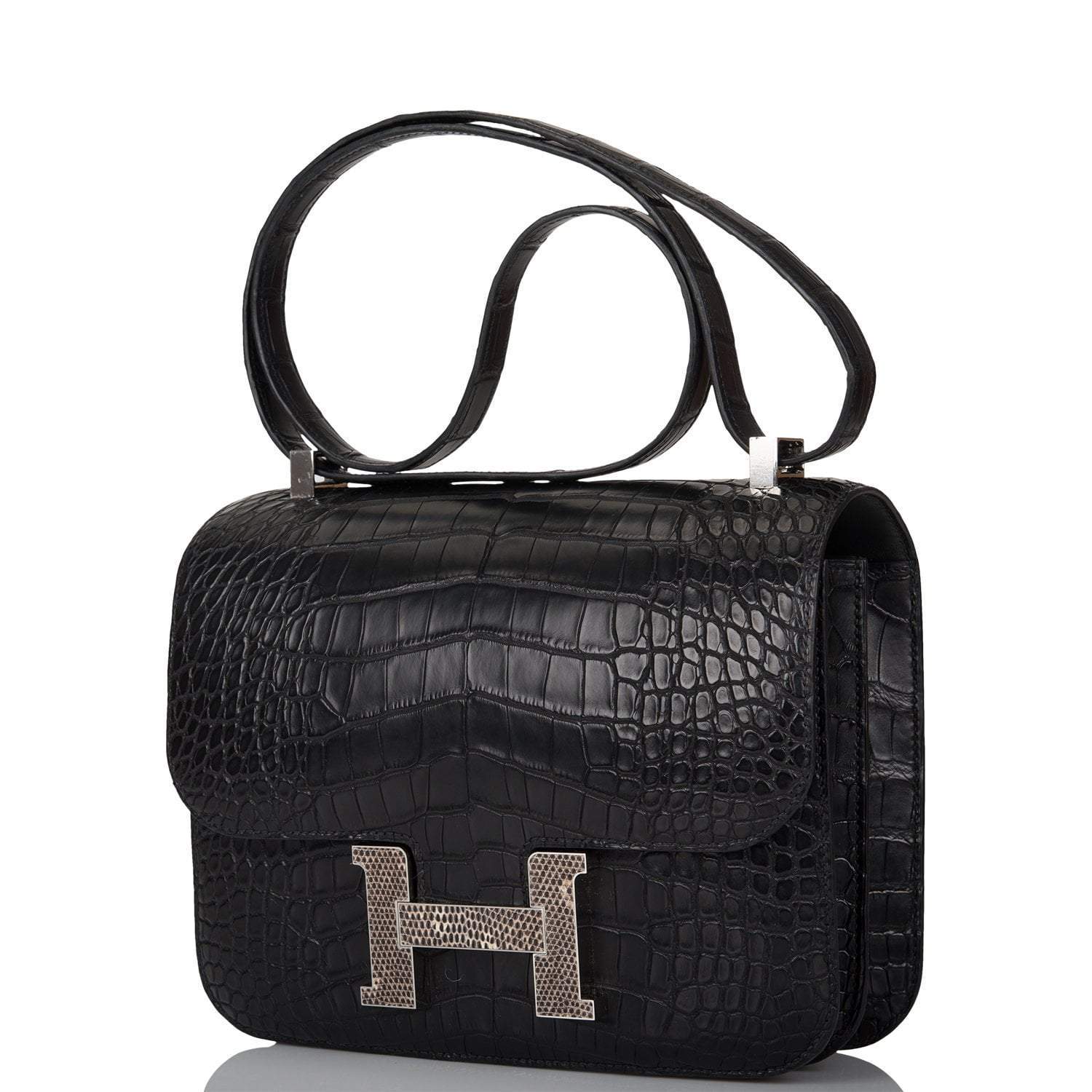 Hermes Black Matte Alligator and Ombre Lizard Marquette Constance 24cm Palladium Hardware - Exclusu