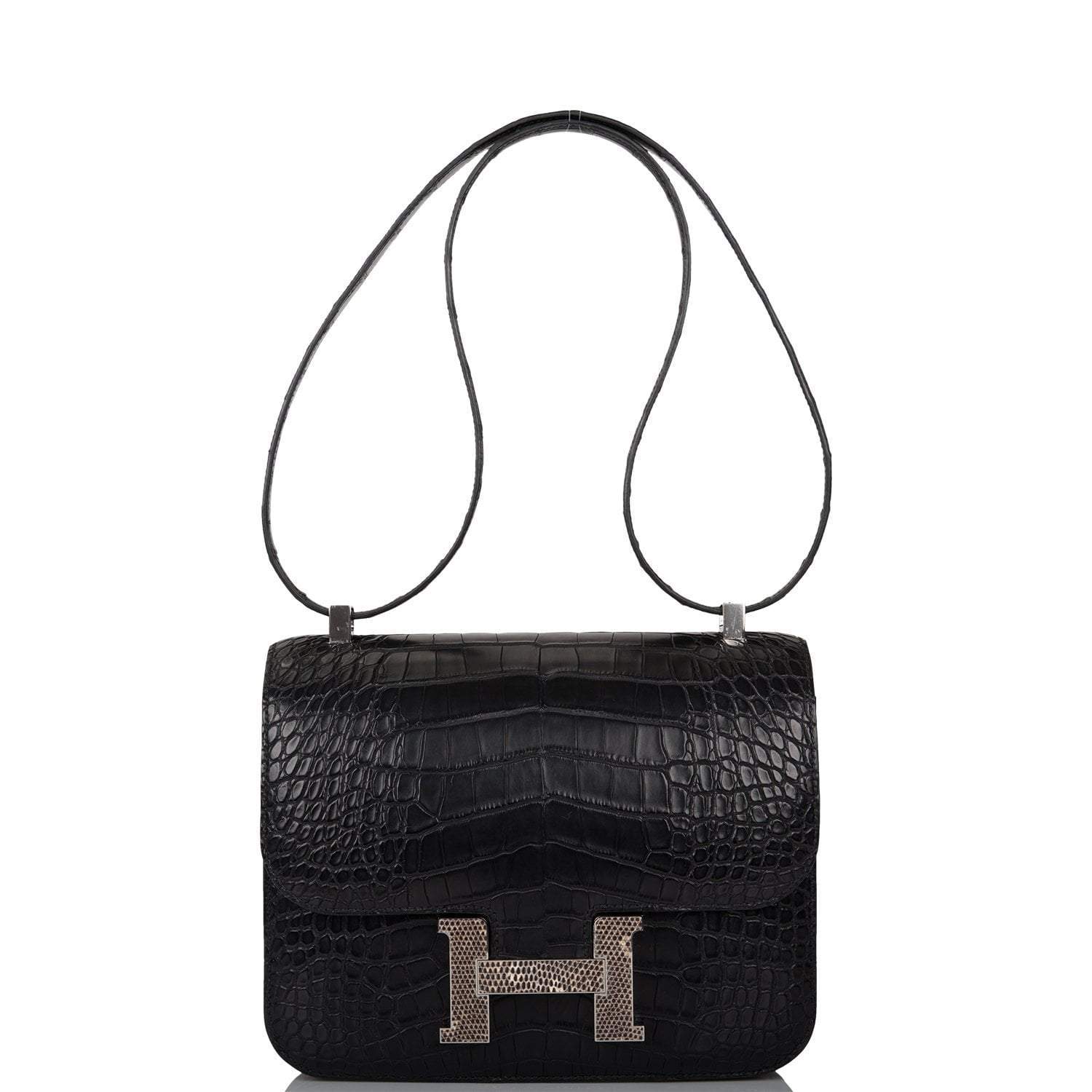 Hermes Black Matte Alligator and Ombre Lizard Marquette Constance 24cm Palladium Hardware - Exclusu