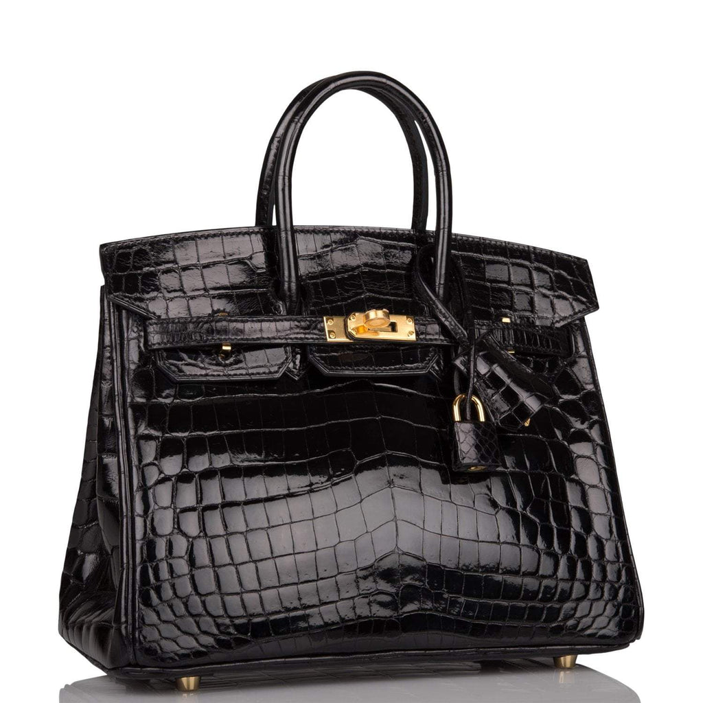Hermes Black Shiny Niloticus Crocodile Birkin 25cm Gold Hardware - Exclusu