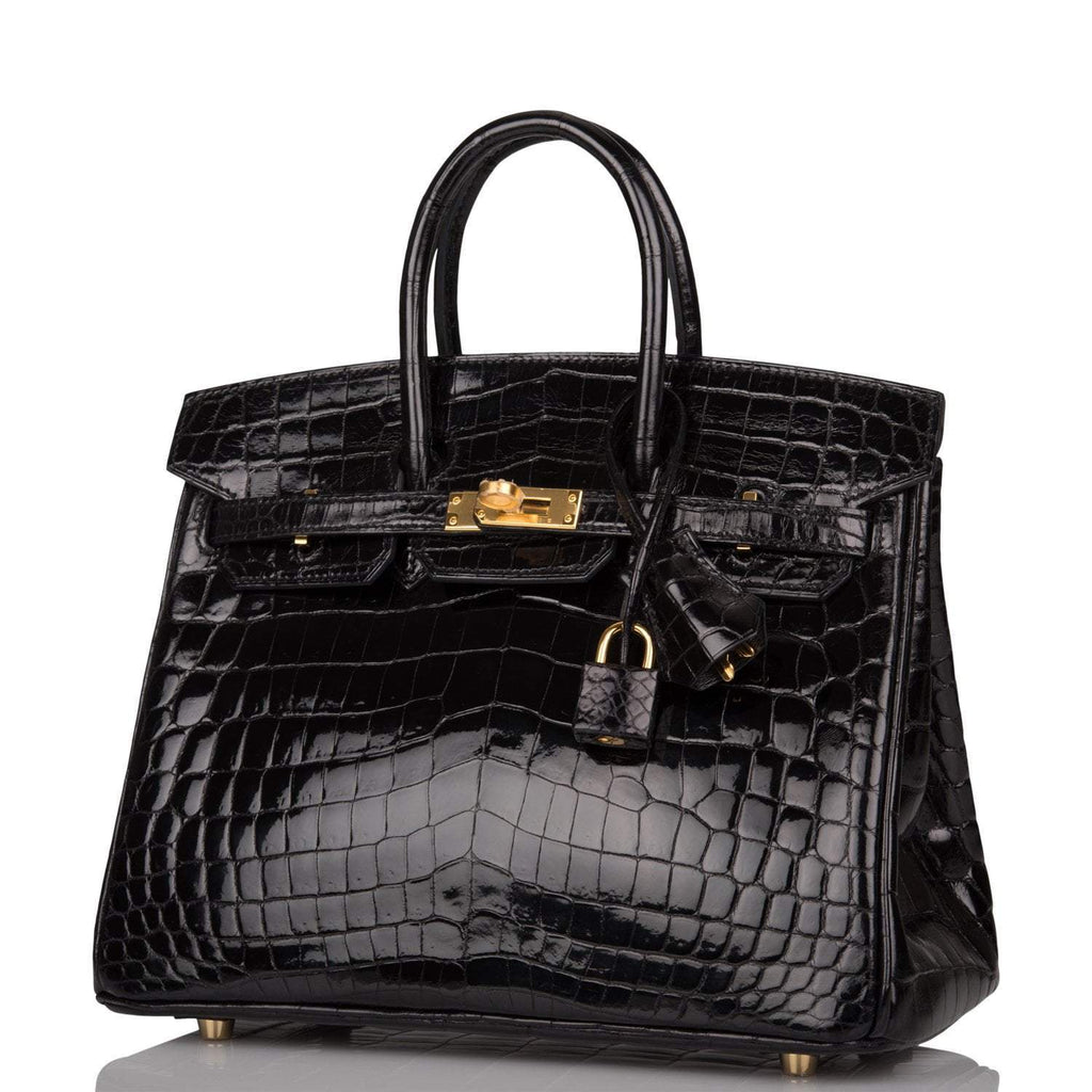 Hermes Black Shiny Niloticus Crocodile Birkin 25cm Gold Hardware - Exclusu