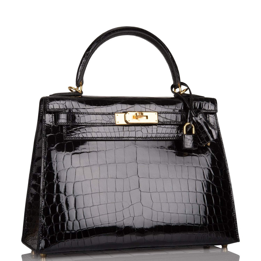 Hermes Black Shiny Niloticus Crocodile Sellier Kelly 28cm Gold Hardware - Exclusu