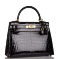 Hermes Black Shiny Niloticus Crocodile Sellier Kelly 28cm Gold Hardware - Exclusu