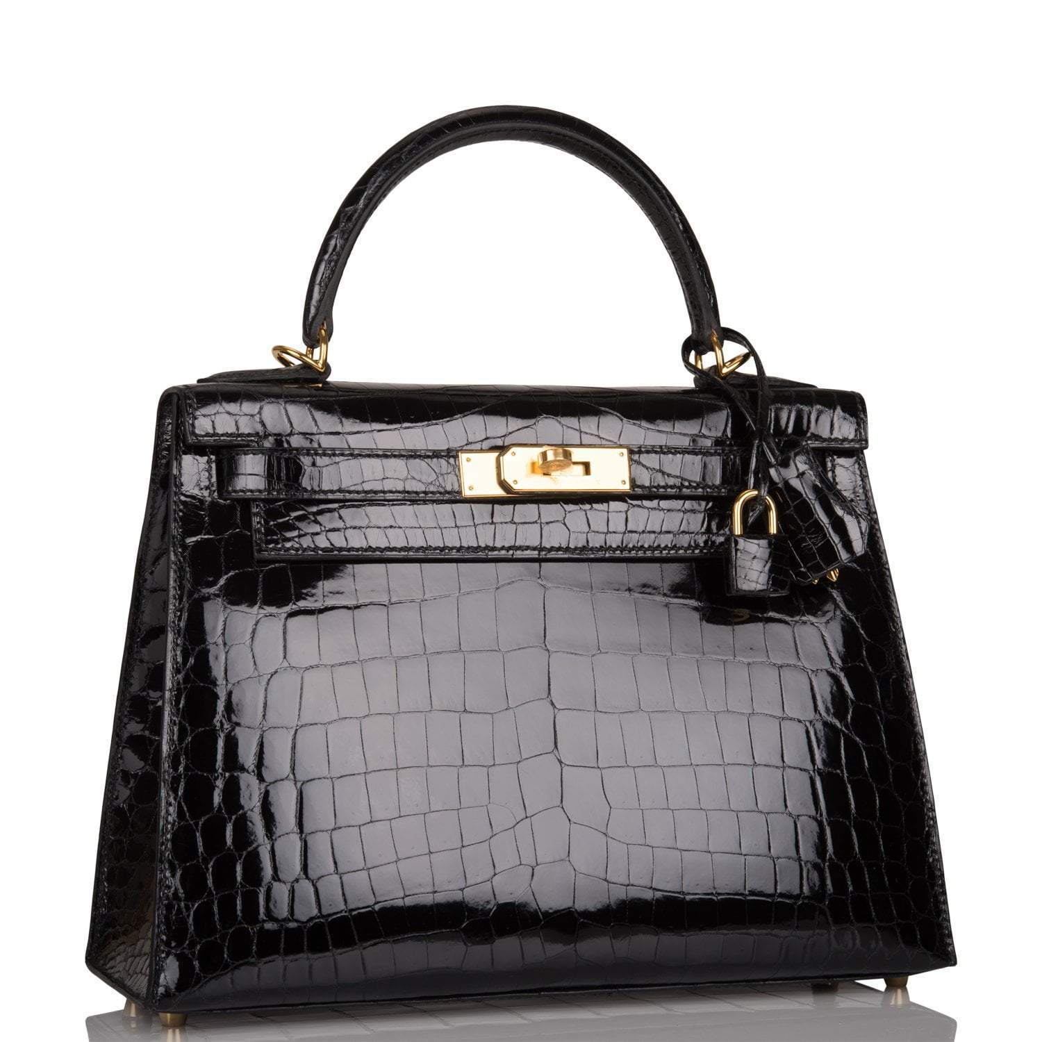 Hermes Black Shiny Niloticus Crocodile Sellier Kelly 28cm Gold Hardware - Exclusu