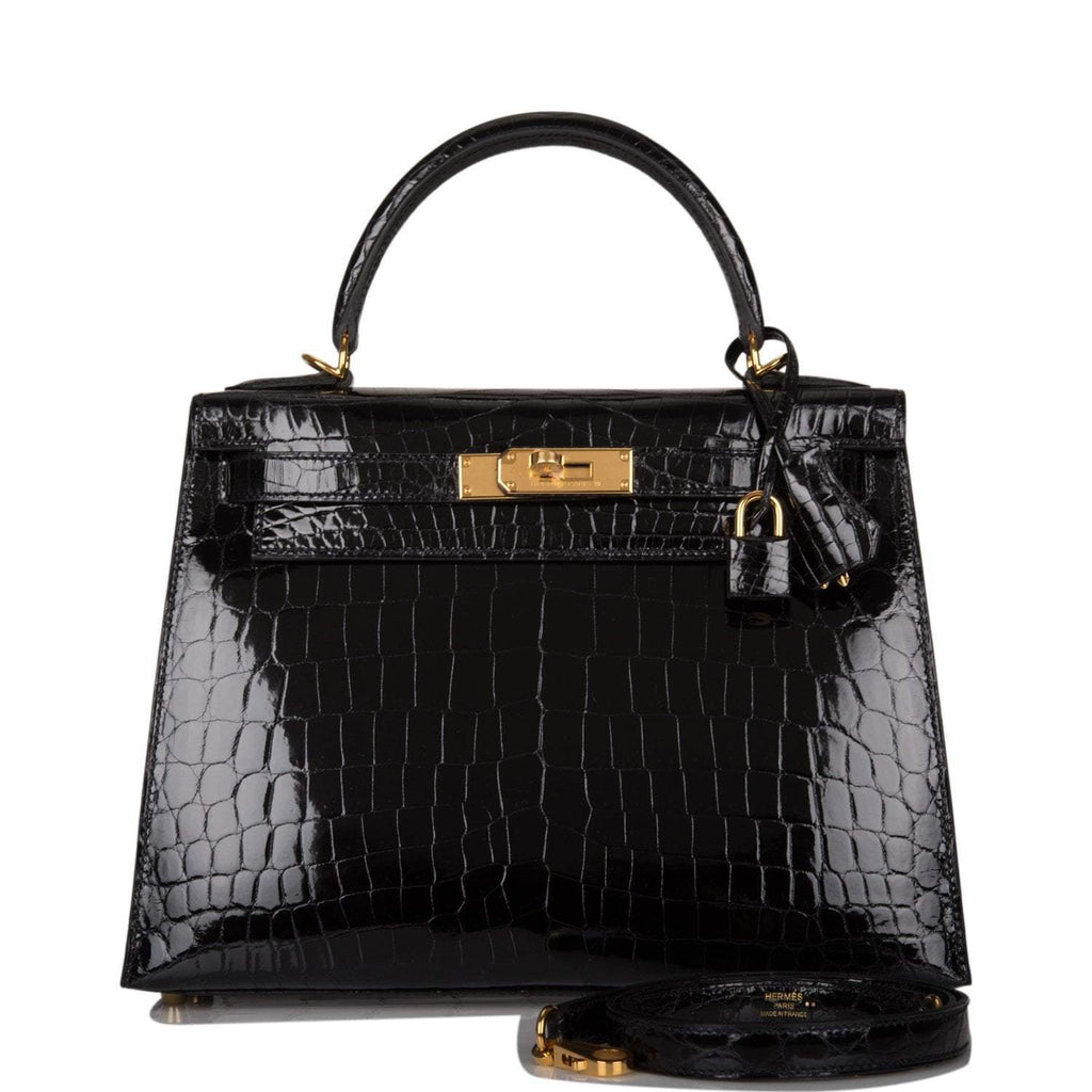 Hermes Black Shiny Niloticus Crocodile Sellier Kelly 28cm Gold Hardware - Exclusu