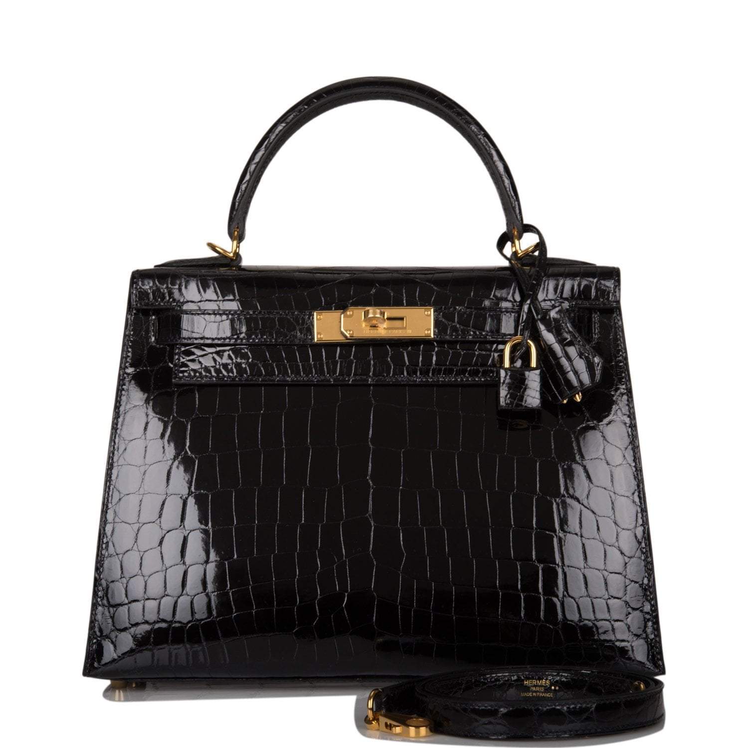 Hermes Black Shiny Niloticus Crocodile Sellier Kelly 28cm Gold Hardware - Exclusu