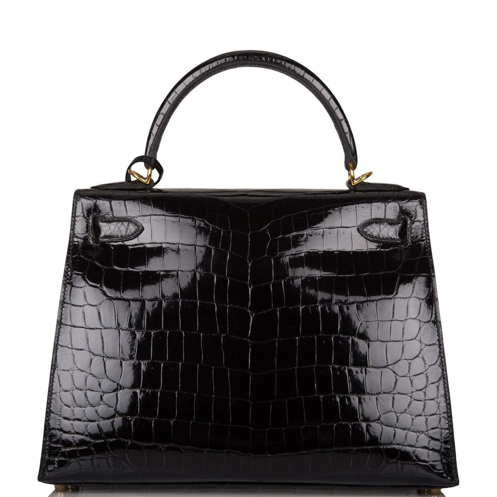 Hermes Black Shiny Niloticus Crocodile Sellier Kelly 28cm Gold Hardware - Exclusu