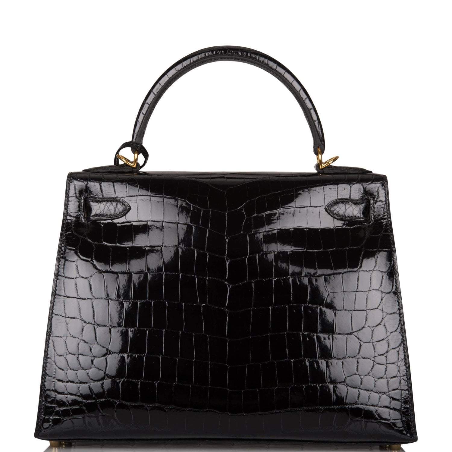 Hermes Black Shiny Niloticus Crocodile Sellier Kelly 28cm Gold Hardware - Exclusu