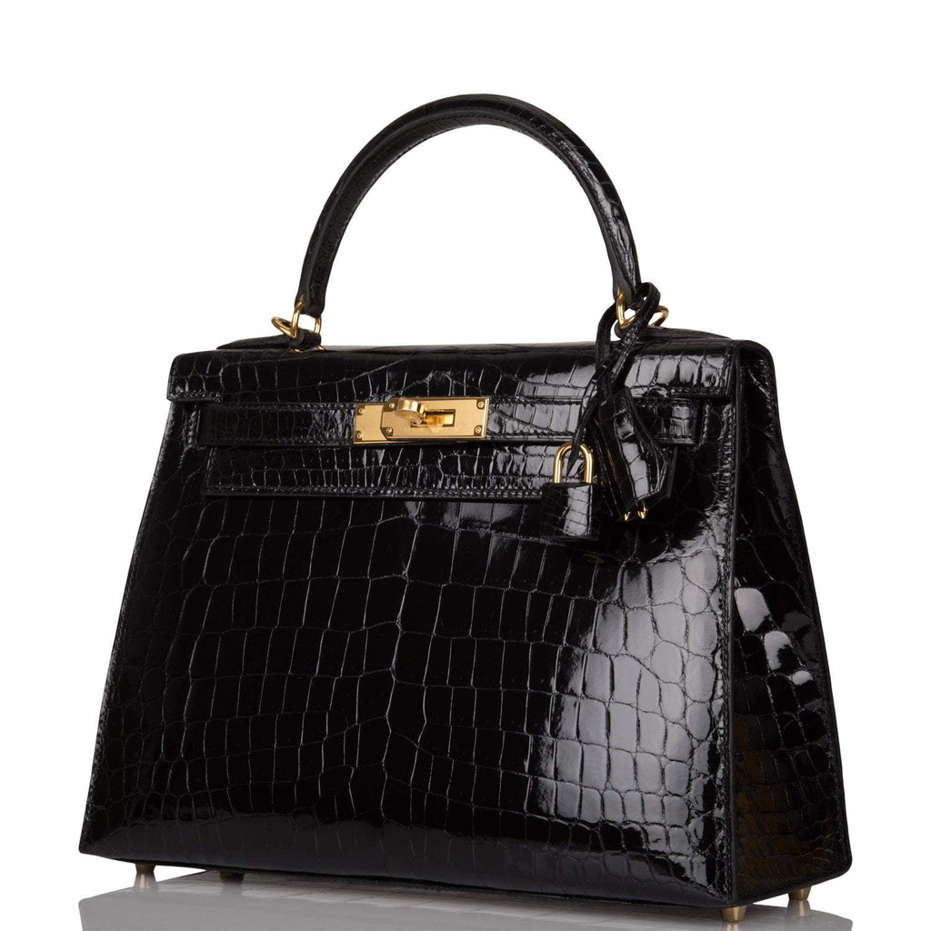 Hermes Black Shiny Niloticus Crocodile Sellier Kelly 28cm Gold Hardware - Exclusu