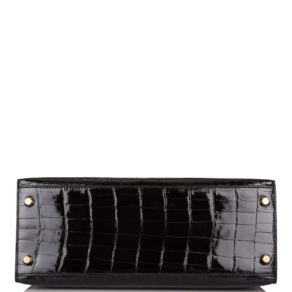 Hermes Black Shiny Niloticus Crocodile Sellier Kelly 28cm Gold Hardware - Exclusu