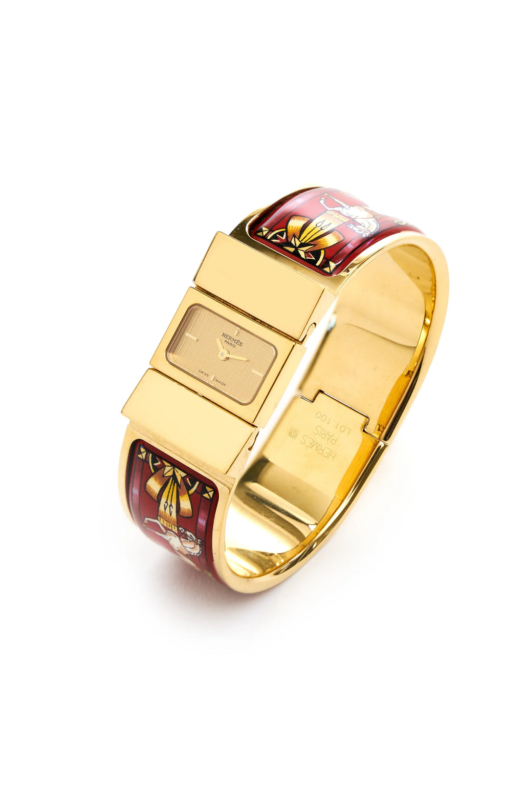 Hermes Vintage Red and Gold Enamel Loquet Watch - Exclusu
