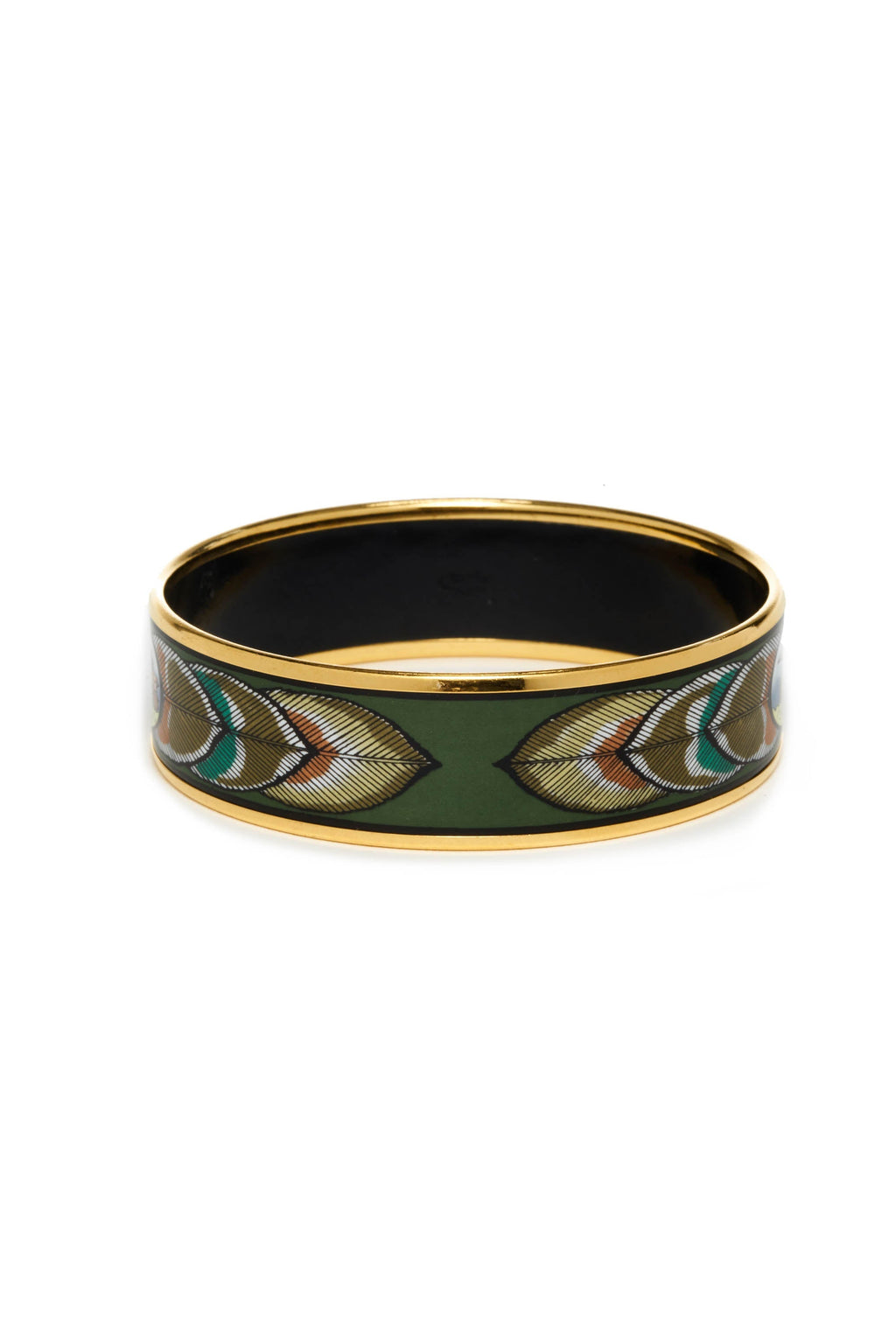 Hermes Vintage Green Bird Feather Pattern Enamel Bangle 18k Gold Plated - Exclusu