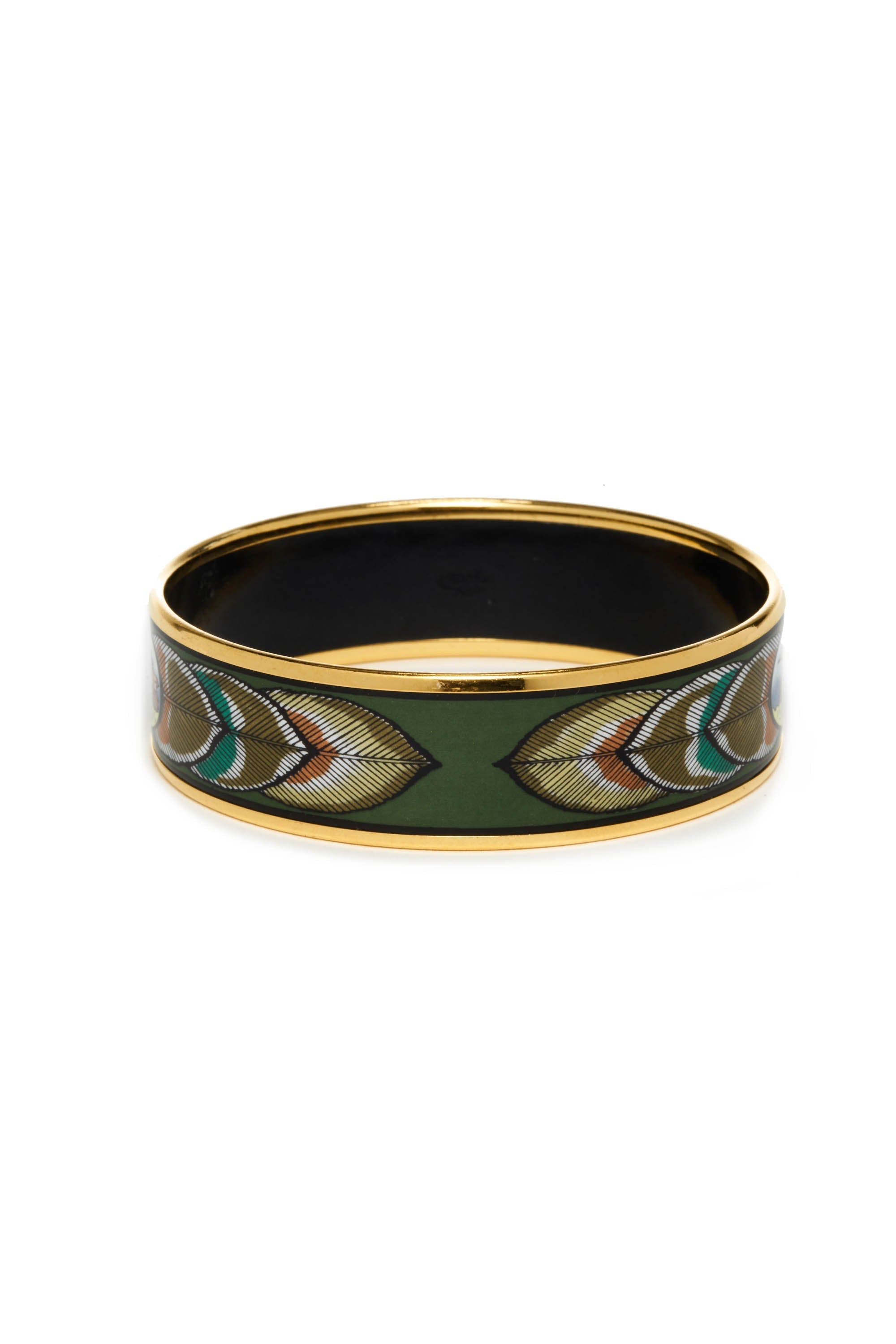Hermes Vintage Green Bird Feather Pattern Enamel Bangle 18k Gold Plated - Exclusu