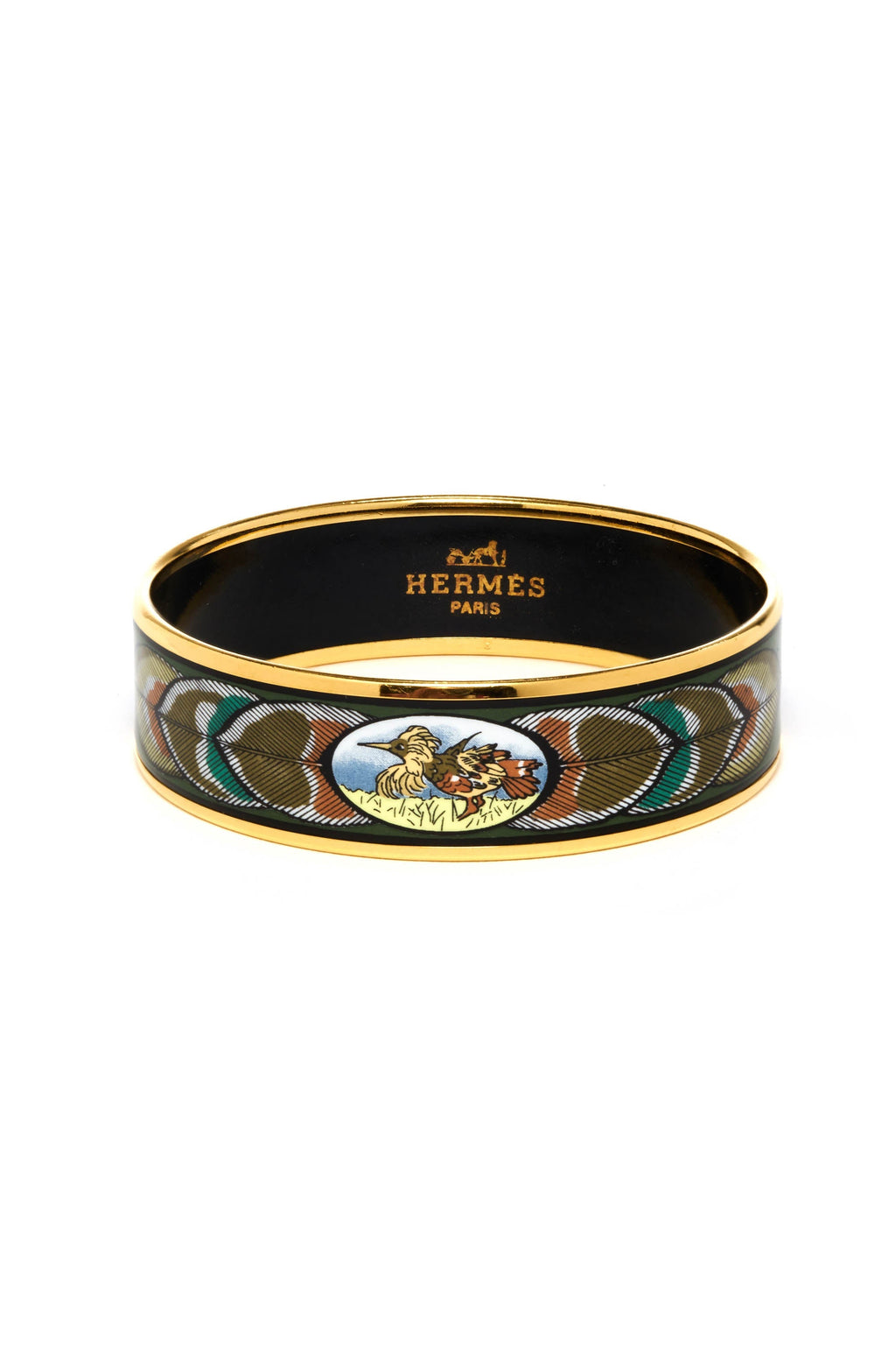 Hermes Vintage Green Bird Feather Pattern Enamel Bangle 18k Gold Plated - Exclusu