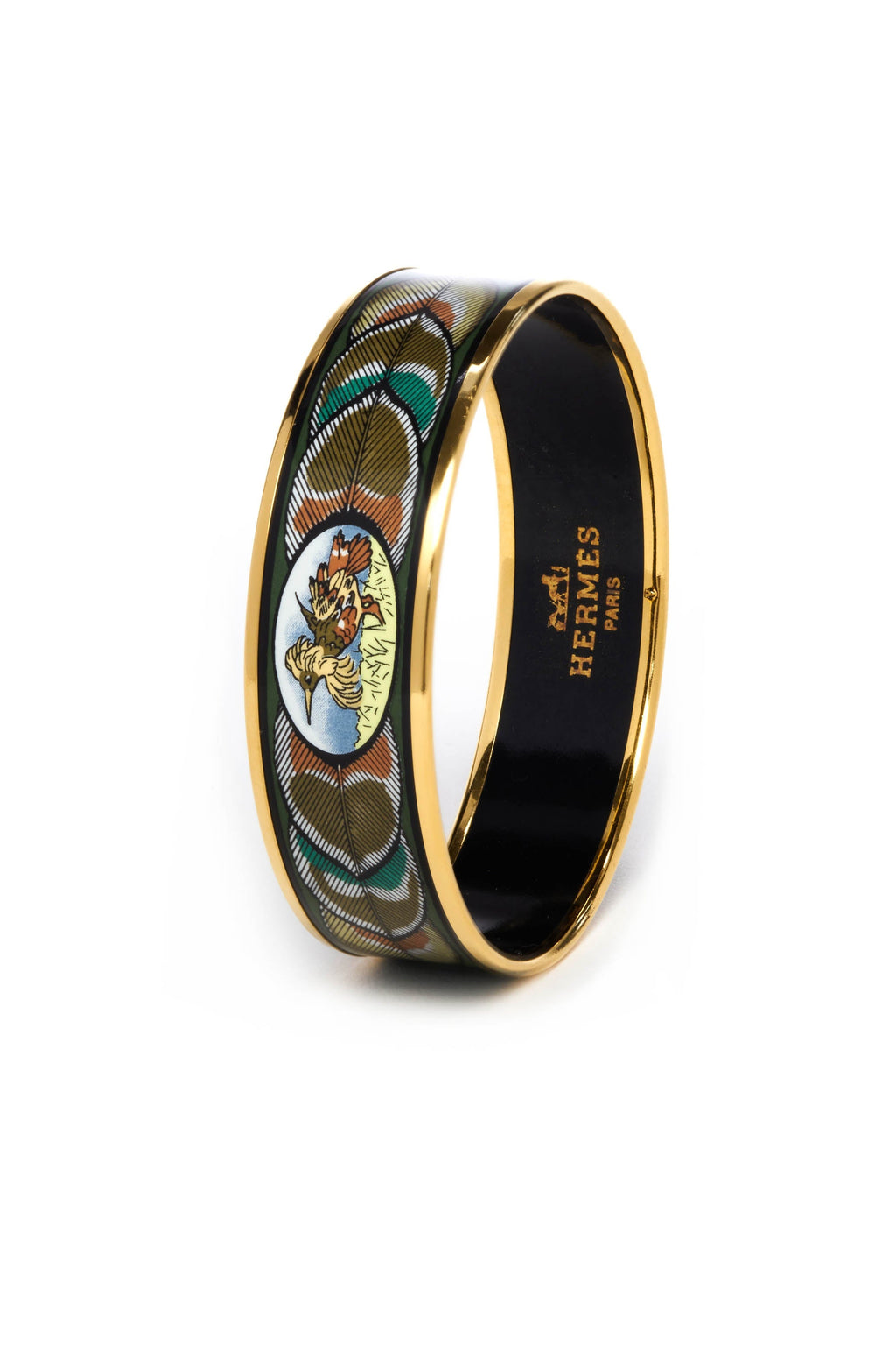 Hermes Vintage Green Bird Feather Pattern Enamel Bangle 18k Gold Plated - Exclusu