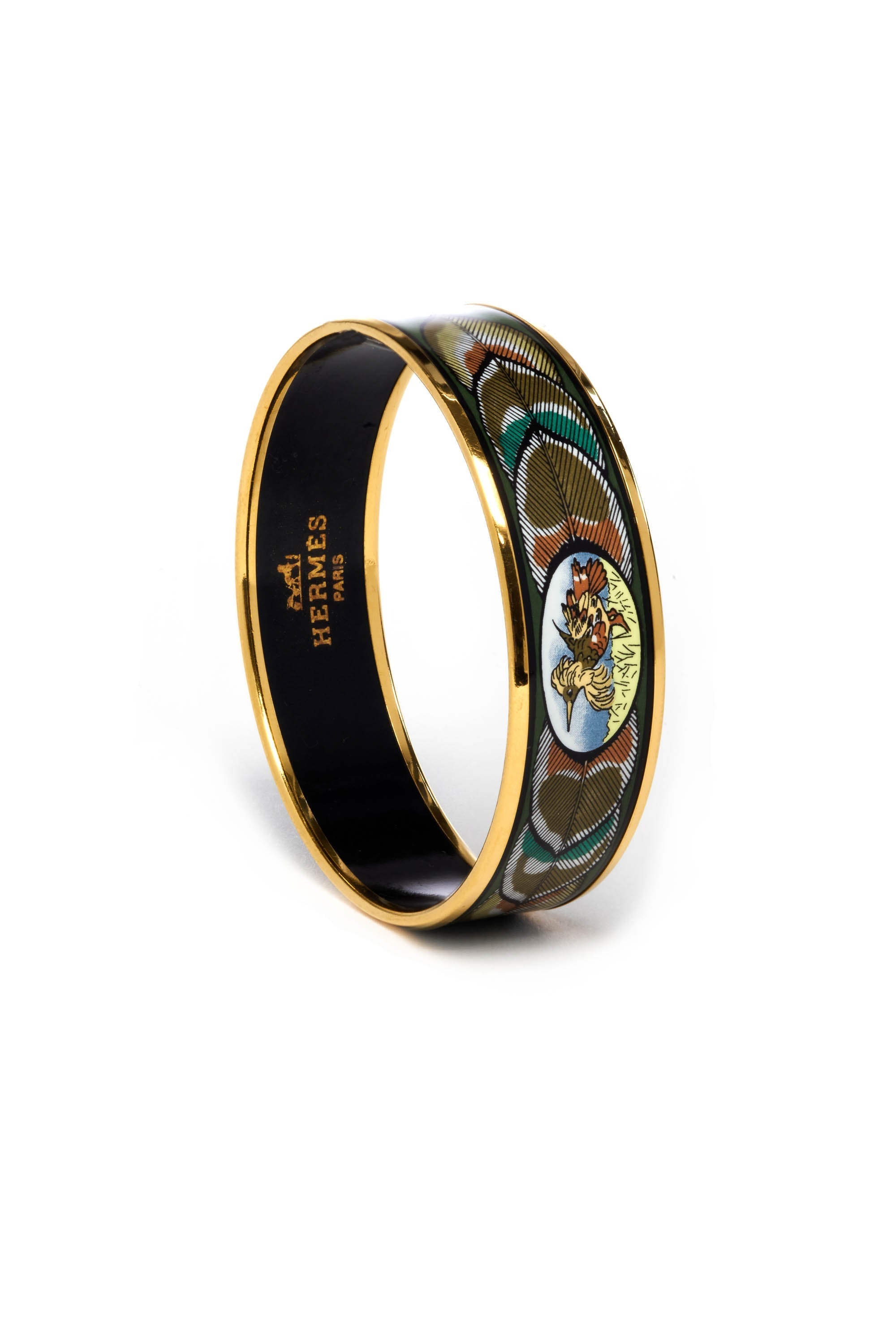 Hermes Vintage Green Bird Feather Pattern Enamel Bangle 18k Gold Plated - Exclusu