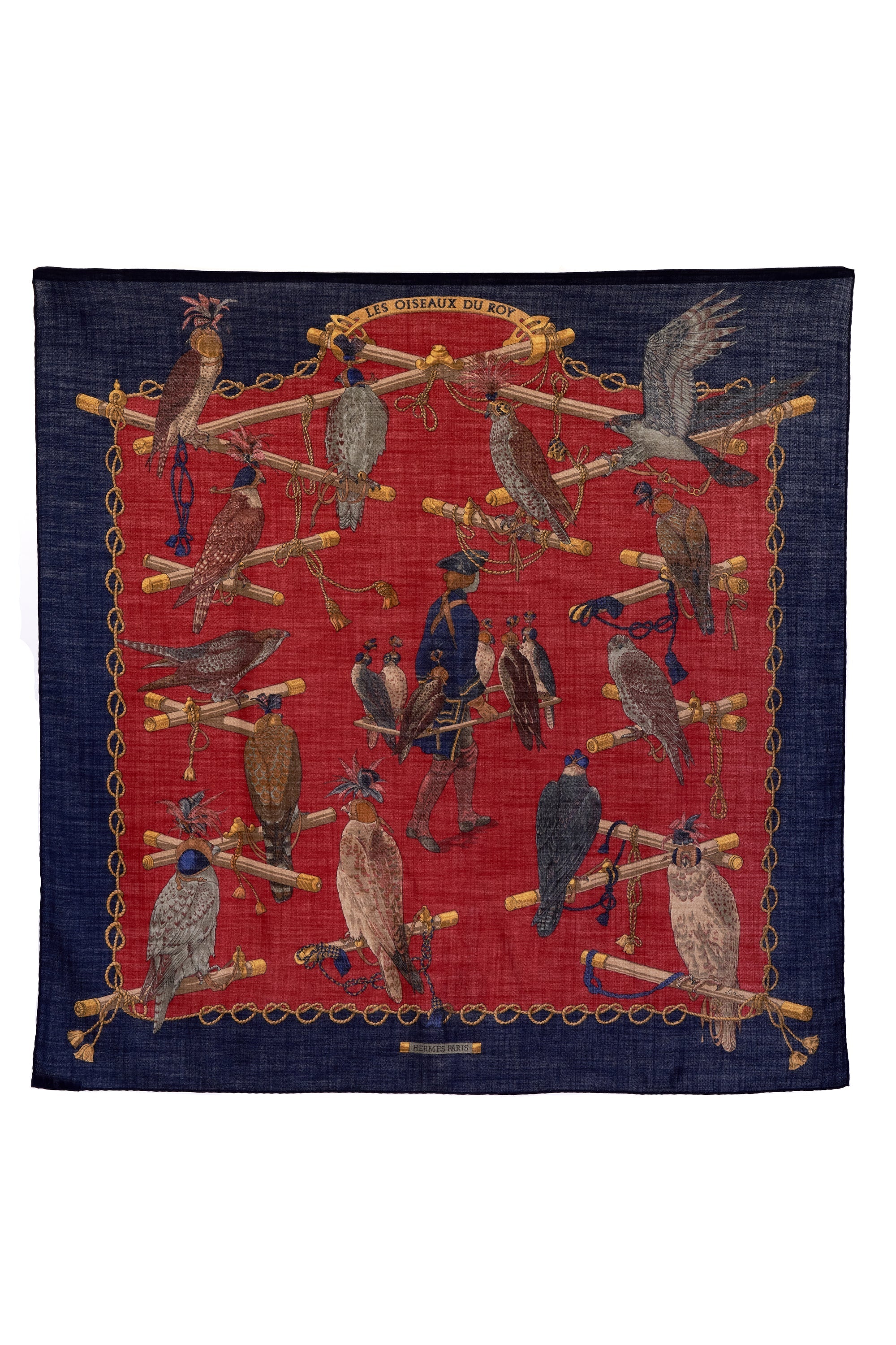 Hermes Navy and Red 'Les Olseaux Du Roy' Scarf 100cm Scarf - Exclusu