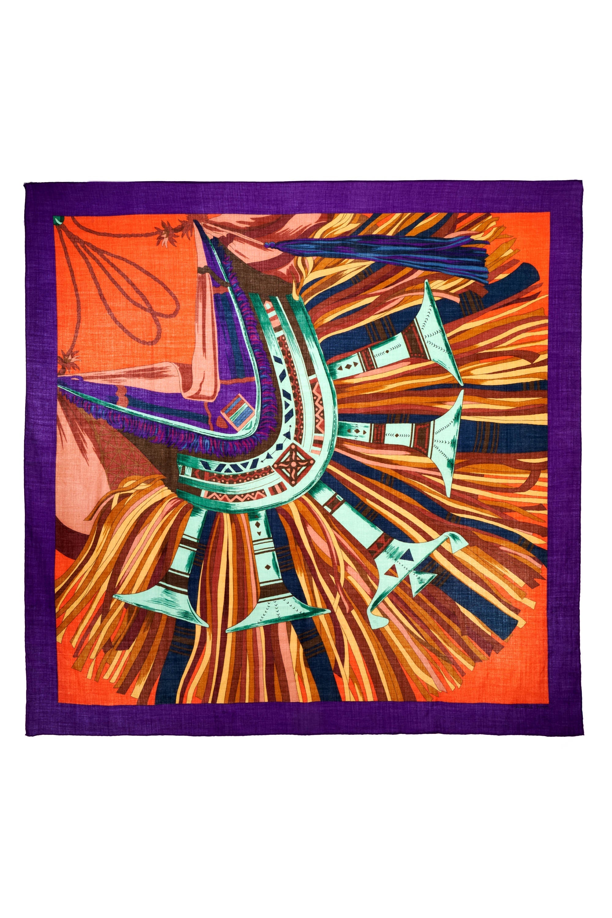 Hermes 'Cuirs du Desert' Violet and Orange Shawl 140cm - Exclusu