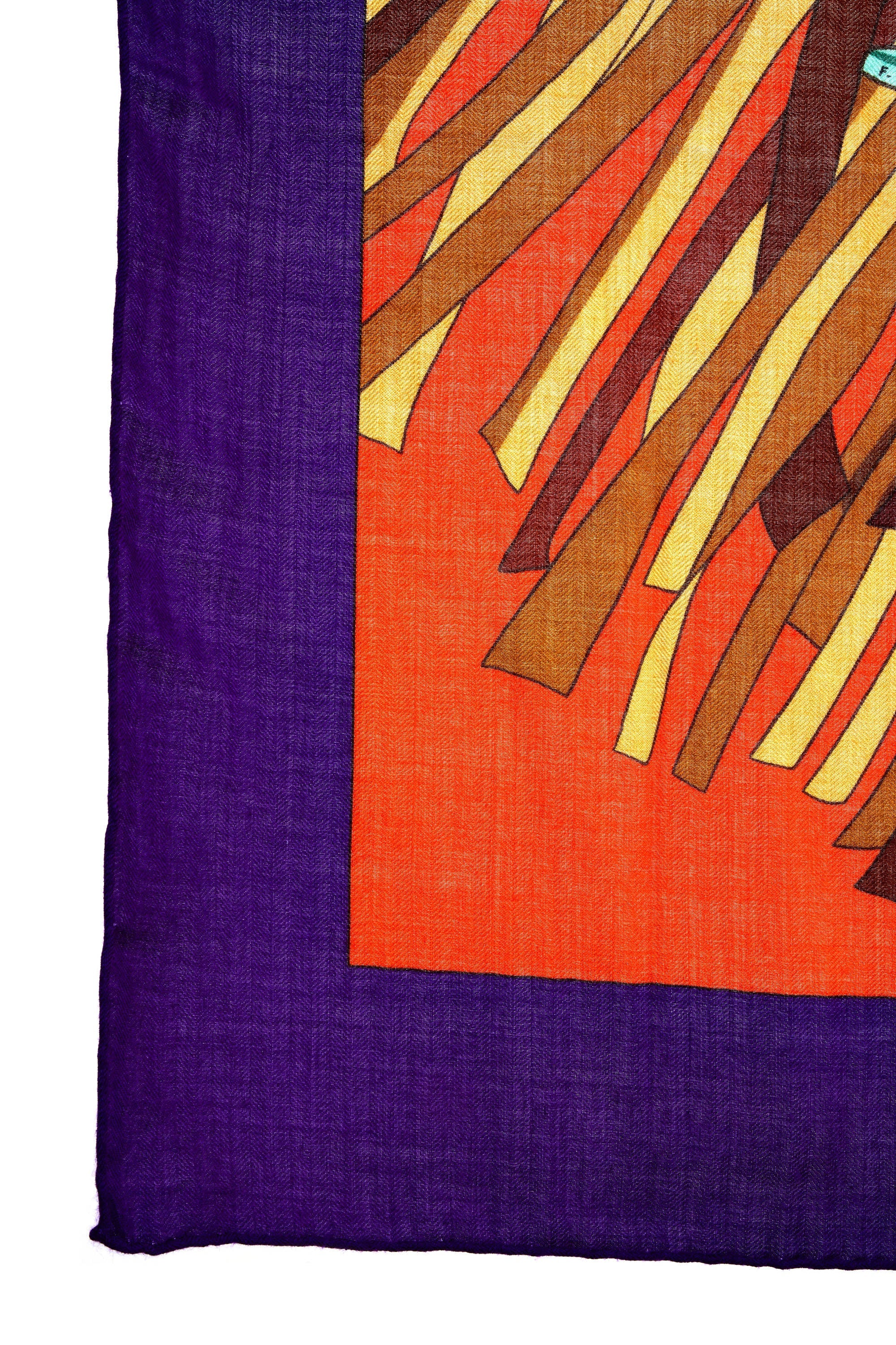 Hermes 'Cuirs du Desert' Violet and Orange Shawl 140cm - Exclusu