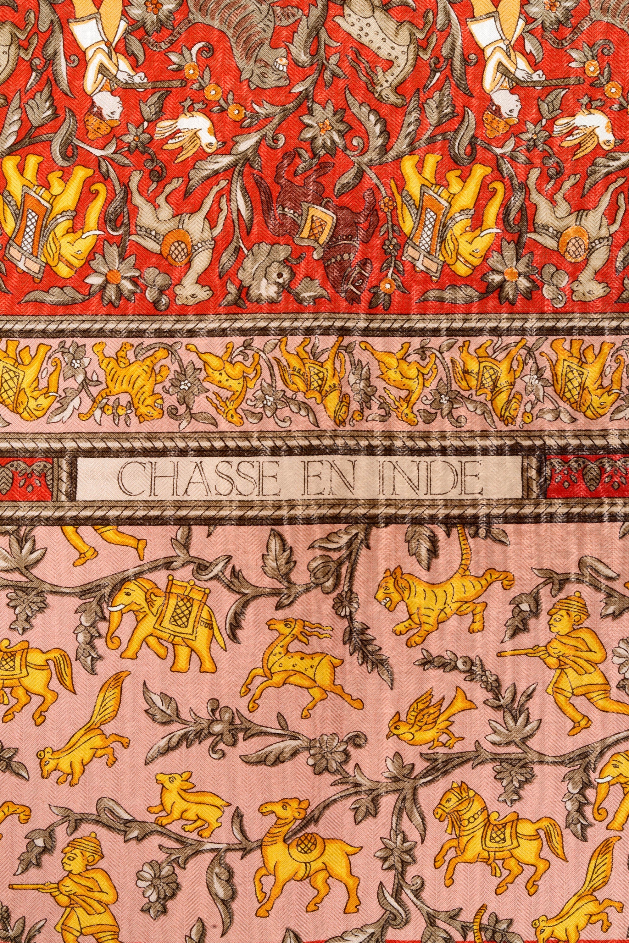 Hermes 'Chase en Indes' Orange and Yellow Silk Scarf 140cm - Exclusu