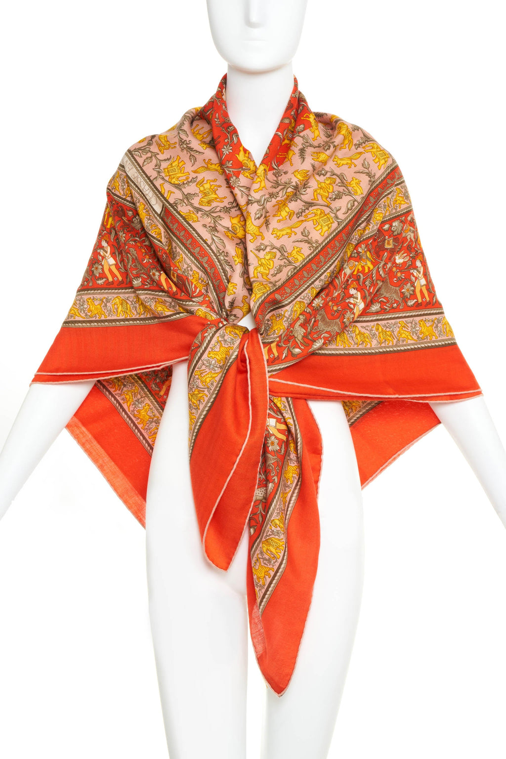 Hermes 'Chase en Indes' Orange and Yellow Silk Scarf 140cm - Exclusu