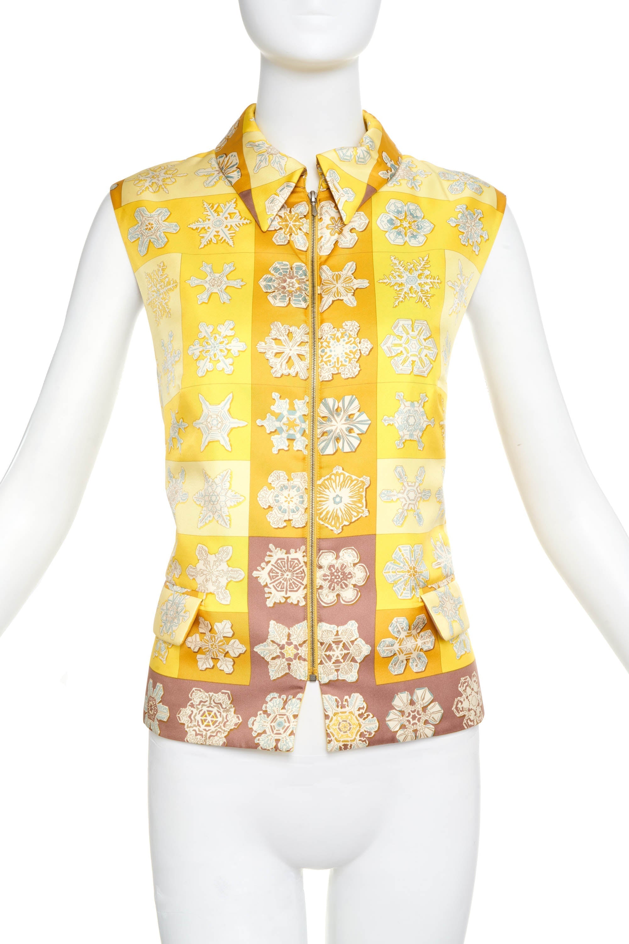 Hermes Margiela Yellow Silk Snowflake Print puffer Vest Size 42 - Exclusu