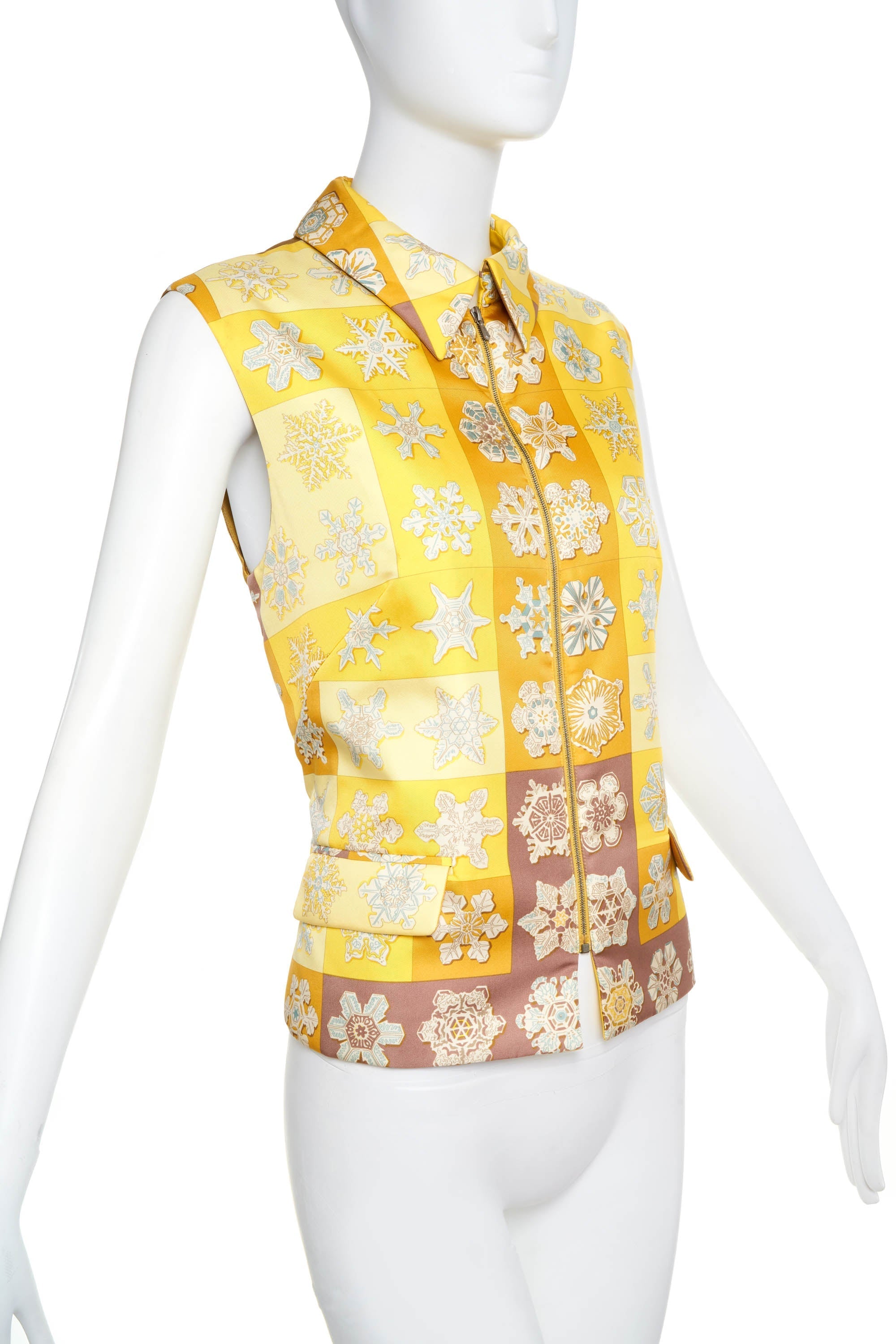 Hermes Margiela Yellow Silk Snowflake Print puffer Vest Size 42 - Exclusu