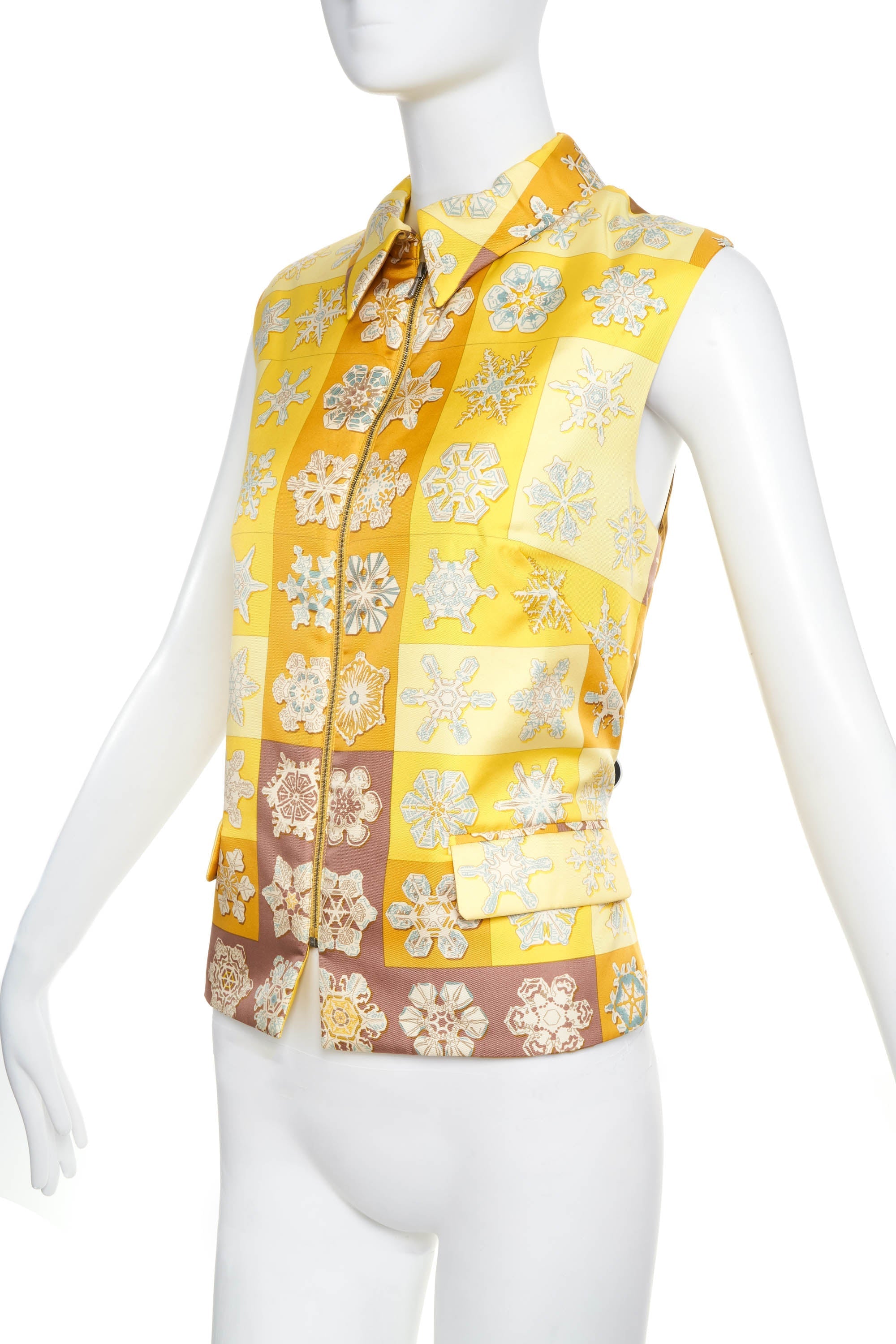 Hermes Margiela Yellow Silk Snowflake Print puffer Vest Size 42 - Exclusu