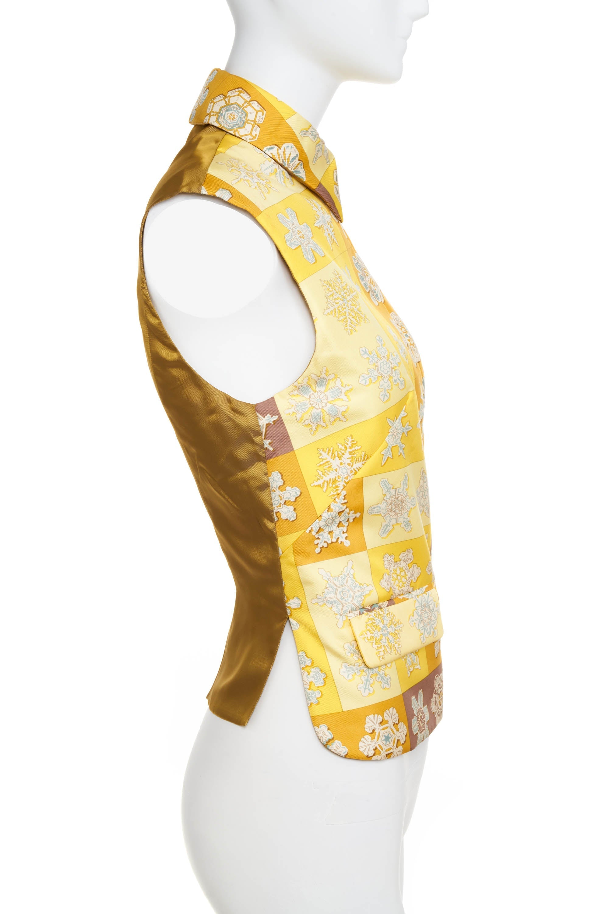 Hermes Margiela Yellow Silk Snowflake Print puffer Vest Size 42 - Exclusu