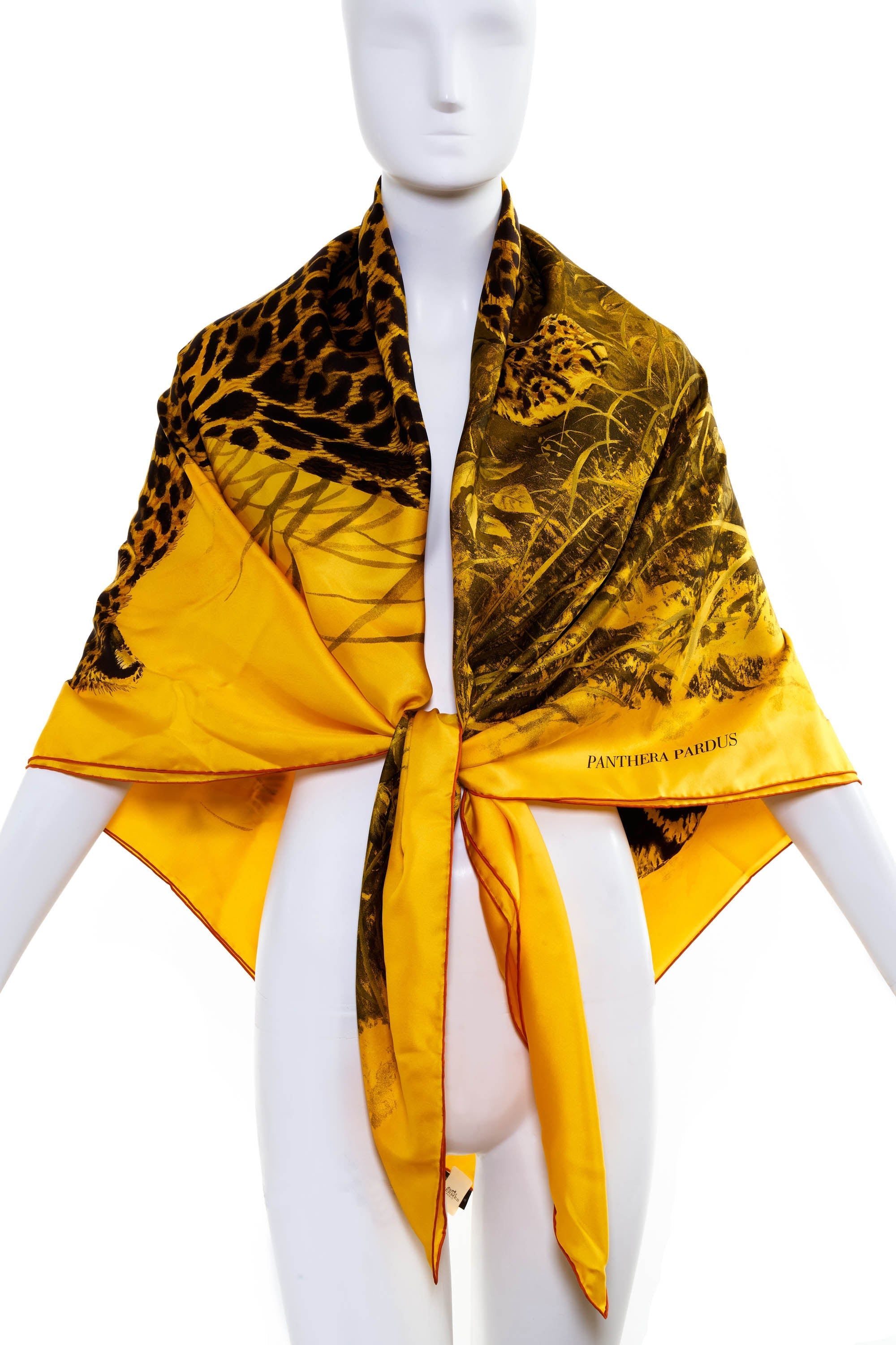 Hermes 'Panthera Pardus' Vert Jaune Mousseline Shawl 140cm - Exclusu