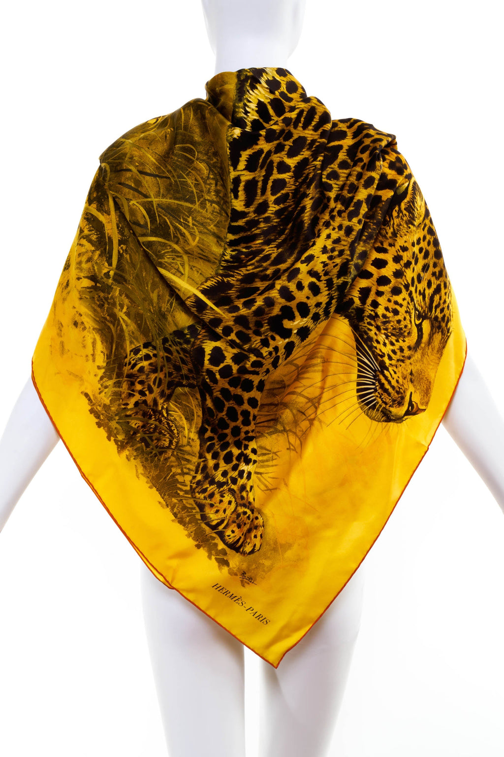 Hermes 'Panthera Pardus' Vert Jaune Mousseline Shawl 140cm - Exclusu