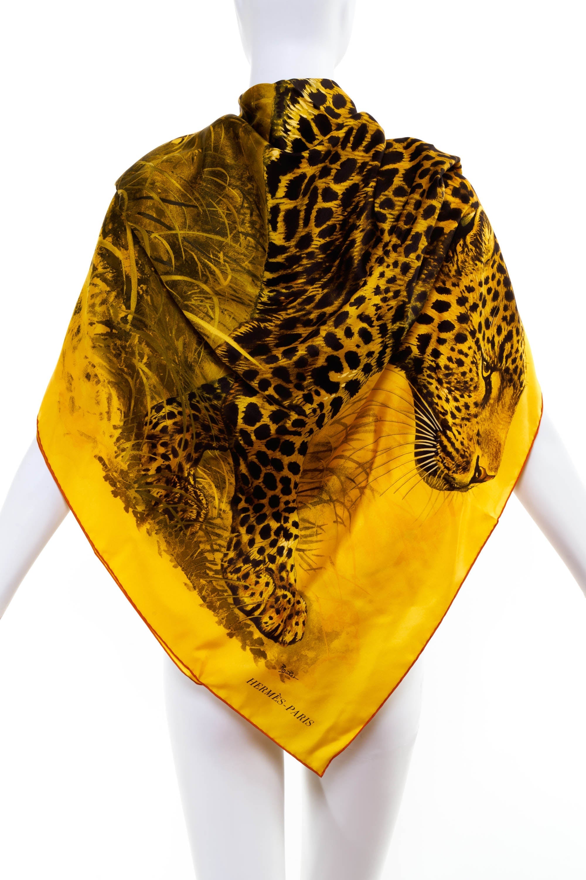 Hermes 'Panthera Pardus' Vert Jaune Mousseline Shawl 140cm - Exclusu